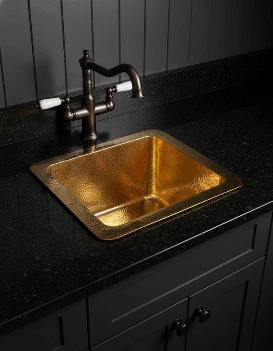 Gold sink with bronze faucet on a black countertop