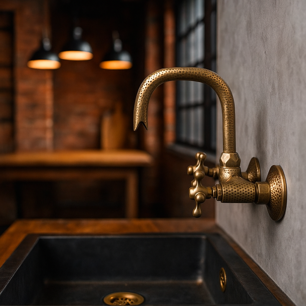 Moroccan Hammered Brass Wall Mount Faucet – Handmade Style Oil-Rubbed Bathroom Sink Tap with Cross Handles, Copper Kitchen Water Mixer Tap