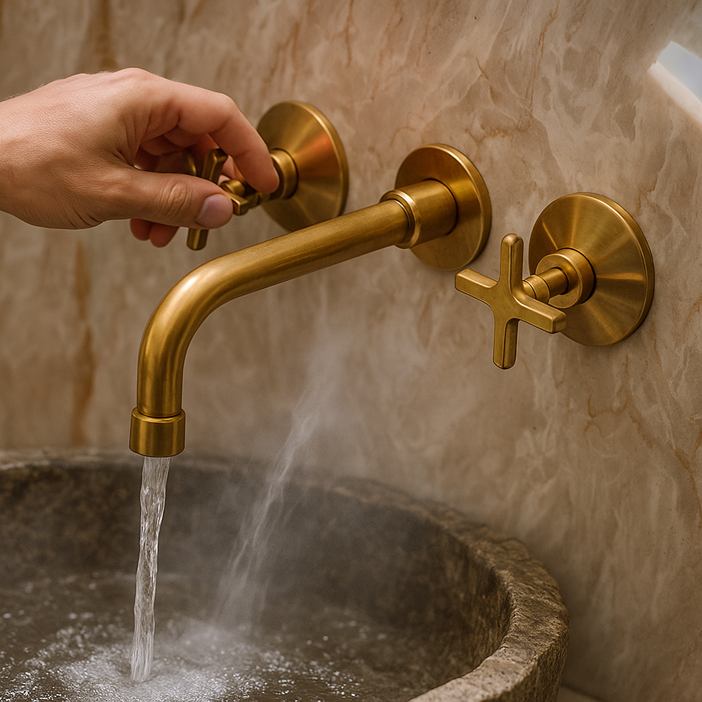 Unlacquered Brass Wall Mounted Bathroom Faucet, Solid Brass Bathroom Faucet With Cross Handle