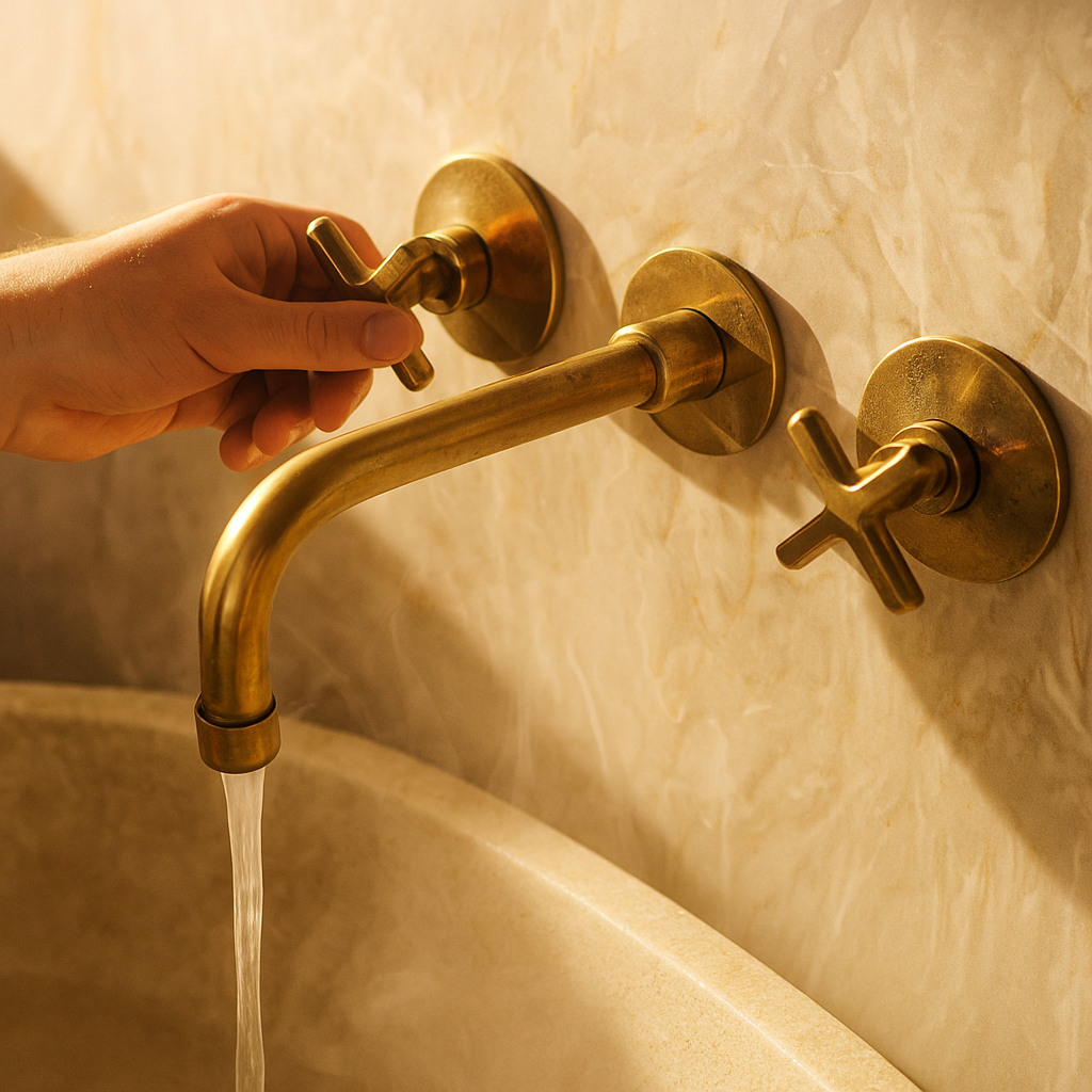 Unlacquered Brass Wall Mounted Bathroom Faucet, Solid Brass Bathroom Faucet With Cross Handle