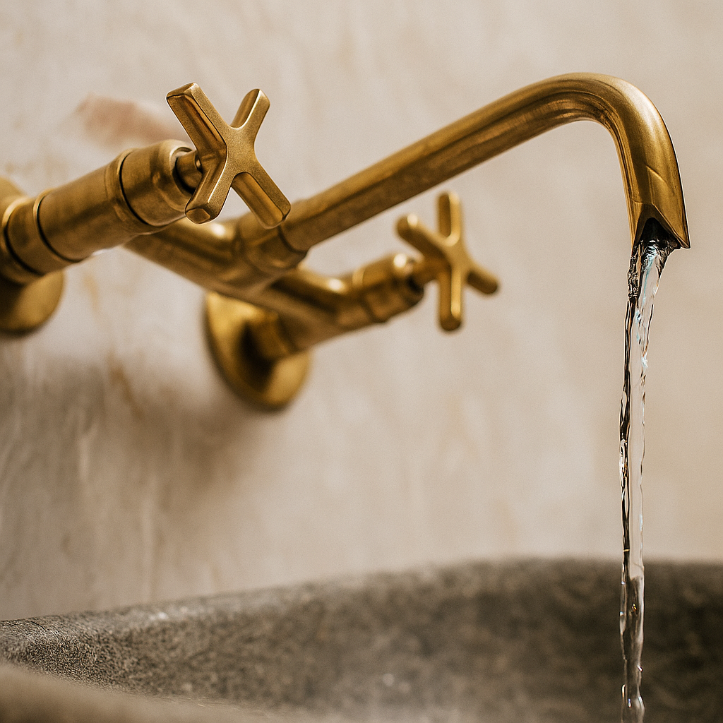 Wall-Mounted Unlacquered Brass Kitchen Faucet – Swan Neck & Cross Handles