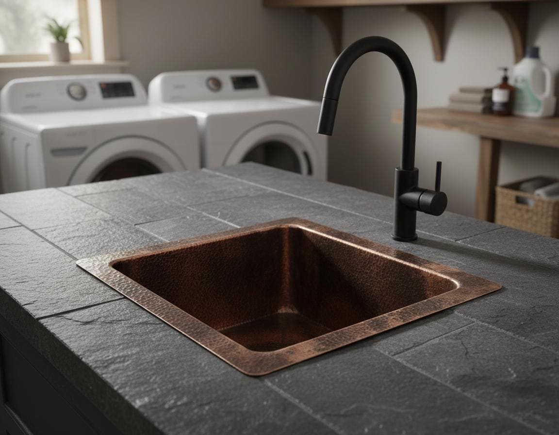 Copper sink on a dark stone countertop with washing machines in the background