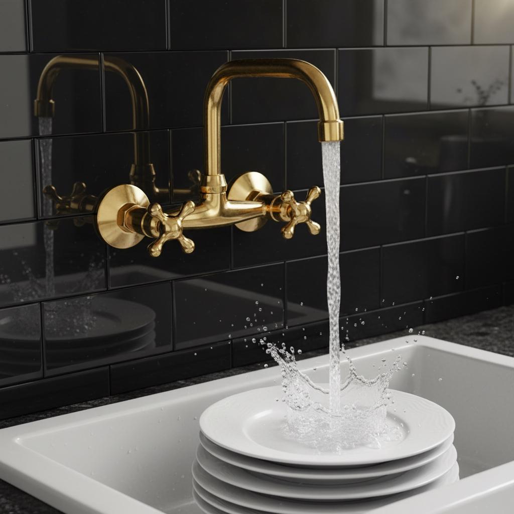 Gold faucet with water flowing into a sink with white plates.