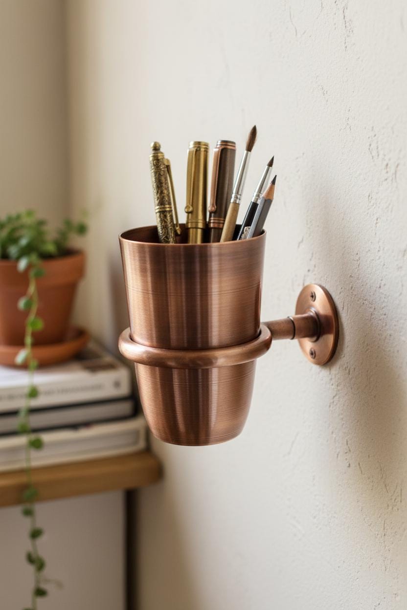 Bronze wall-mounted pen holder with pens on a white wall.