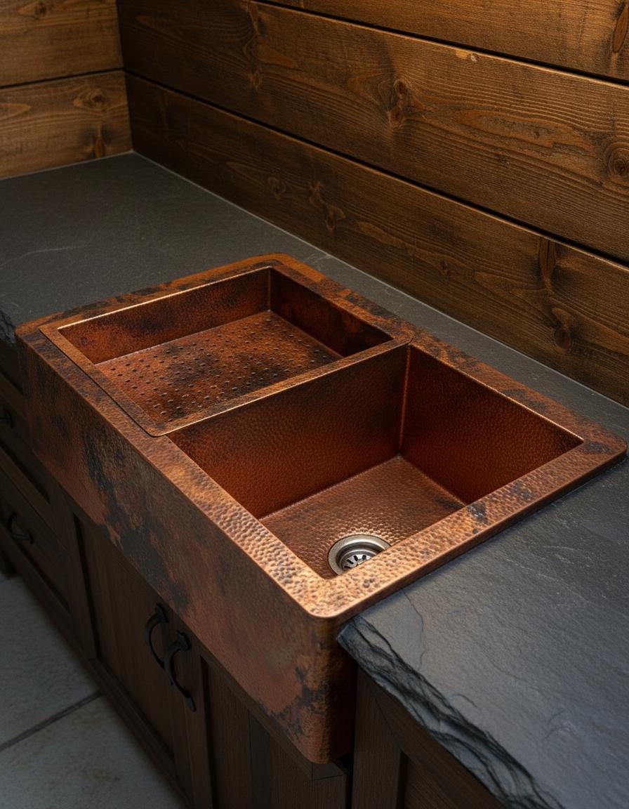 Copper kitchen sink on a wooden countertop with a rustic background