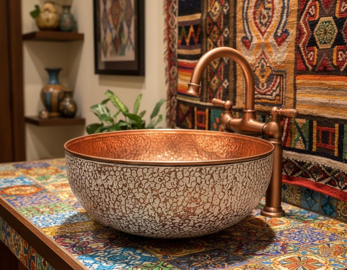 Copper sink with faucet on a colorful surface with patterned rugs in the background