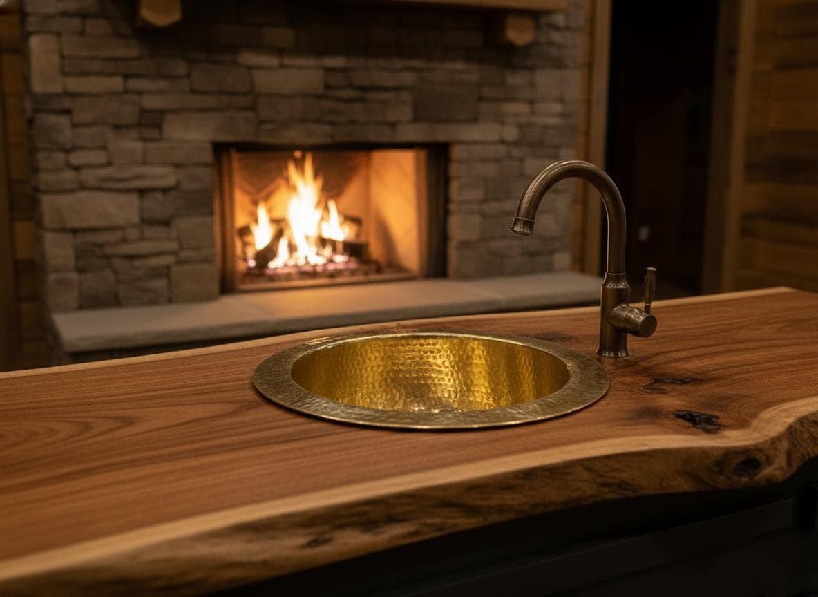 Brass sink on a wooden countertop with a fireplace in the background