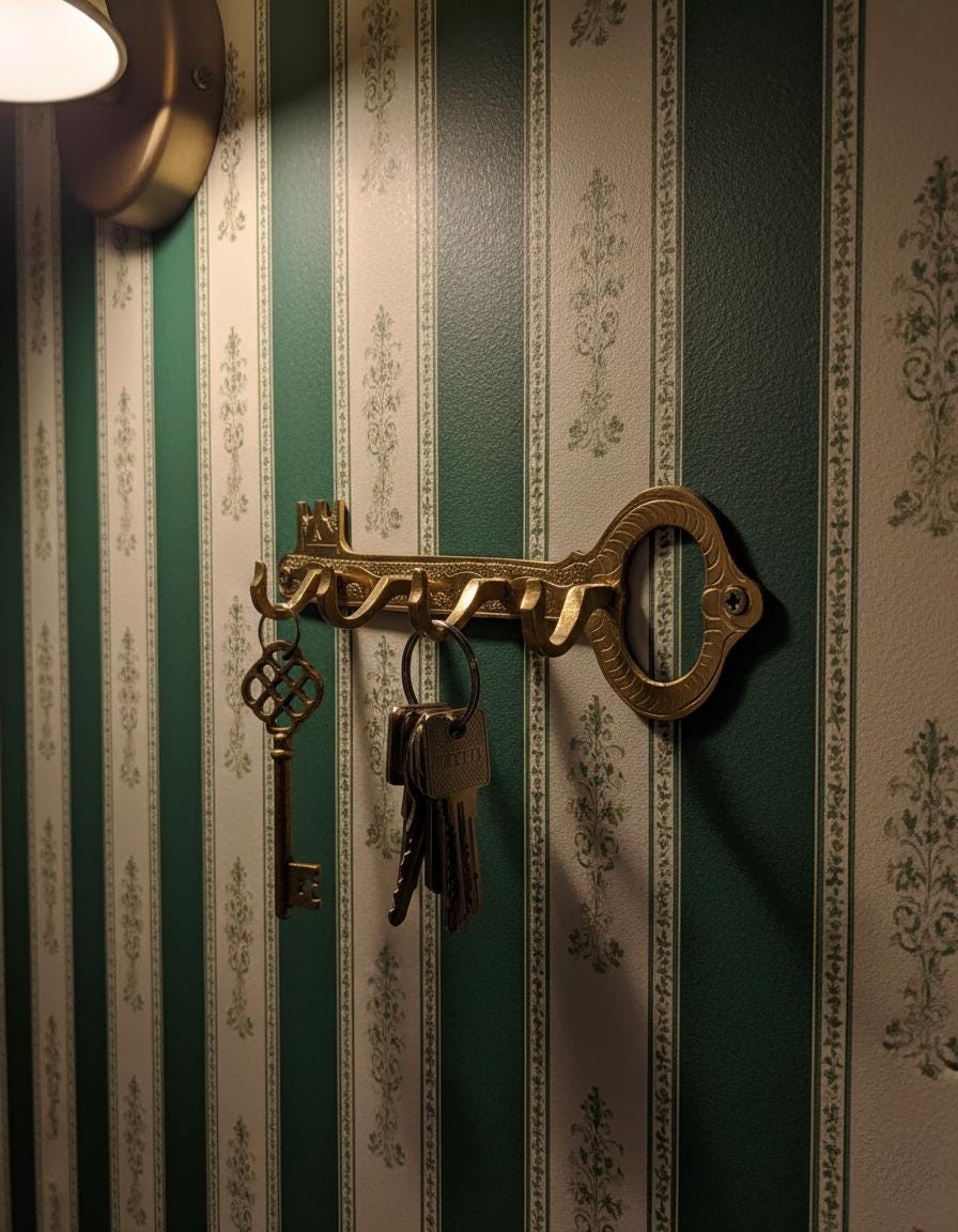 Decorative key holder with keys on a wall with striped wallpaper