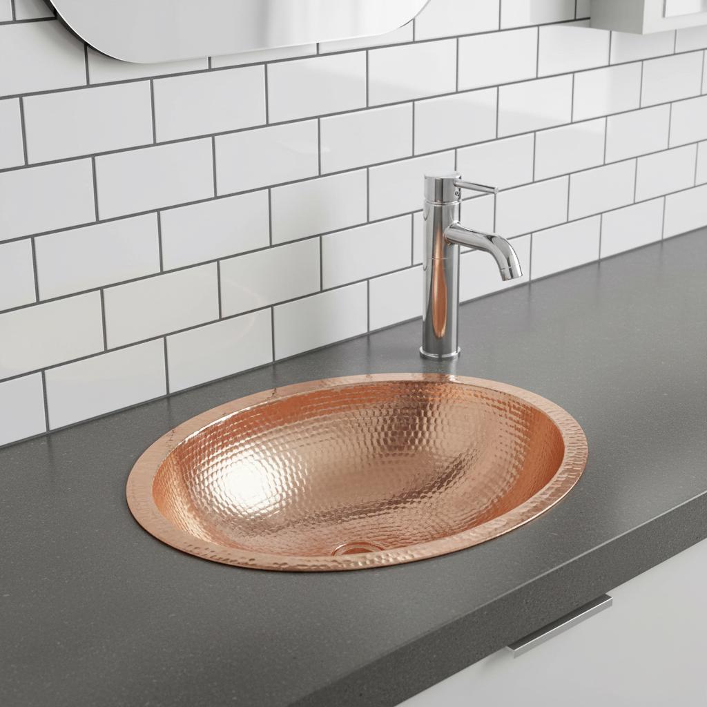 Copper sink on a dark countertop with a white tiled wall background
