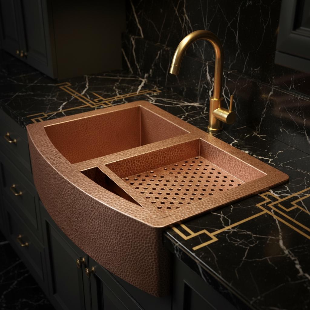 Brown farmhouse sink in a kitchen with white tiled wall and wooden cabinets.
