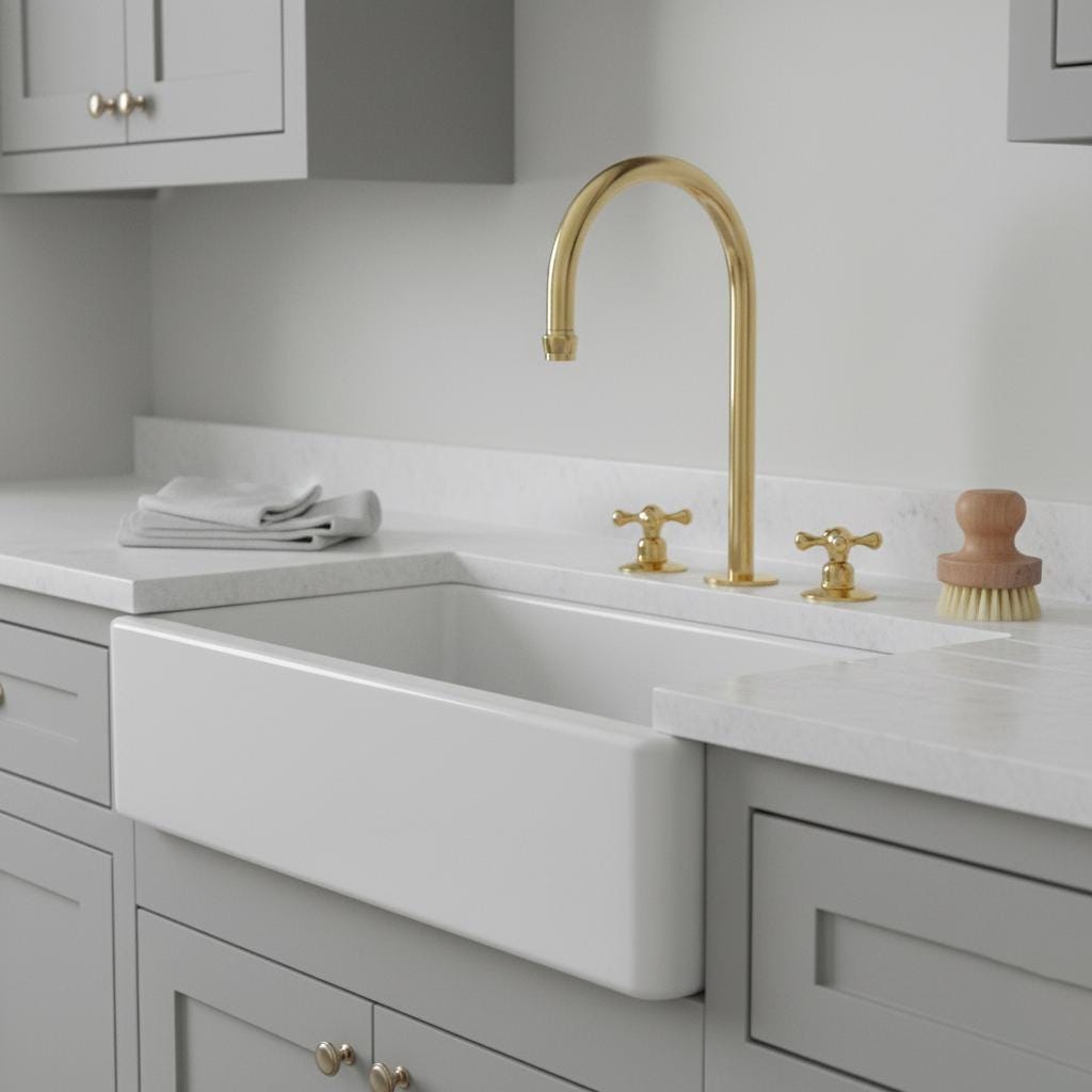 Kitchen sink with gold faucet and fixtures in a modern kitchen setting.