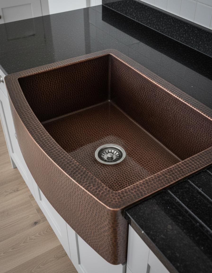 Copper kitchen sink on a black countertop with white cabinets.