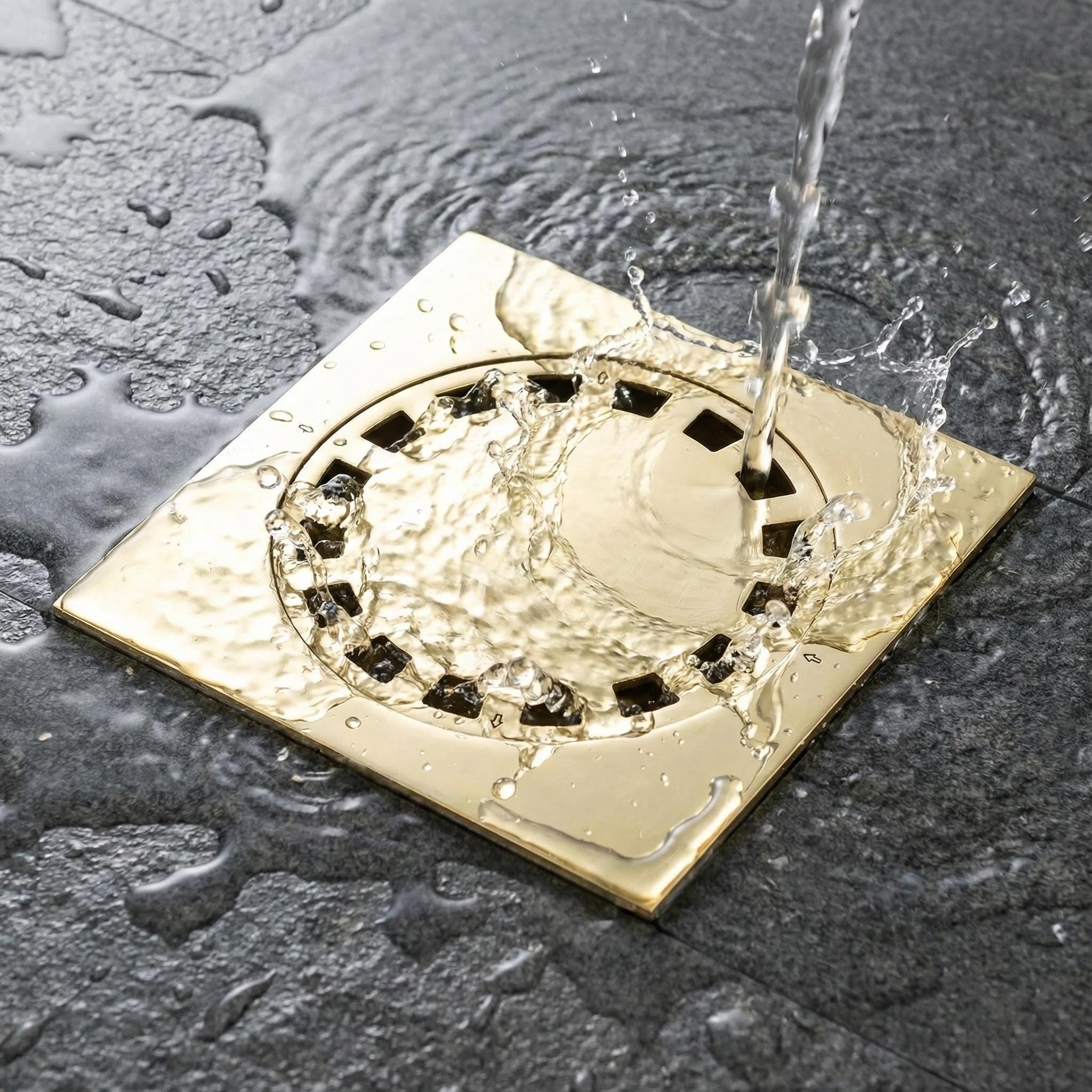 Gold-colored drain cover with water flowing into it on a dark surface