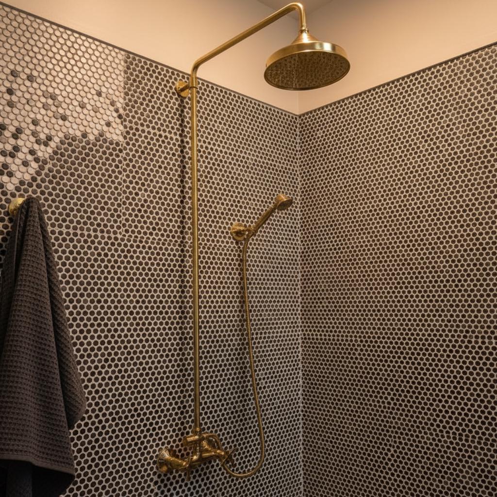 Gold shower system mounted on a tiled wall with a towel hanging nearby.