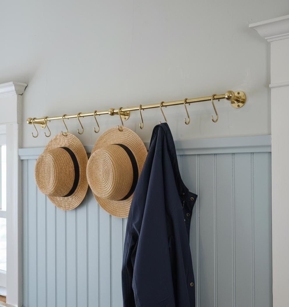 Gold hook rack with two straw hats and a navy coat against a white wall.