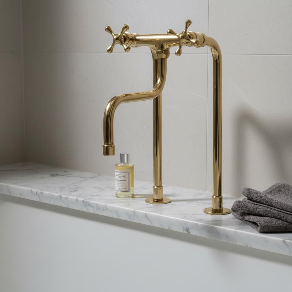 Gold faucet on a marble countertop with a blurred background