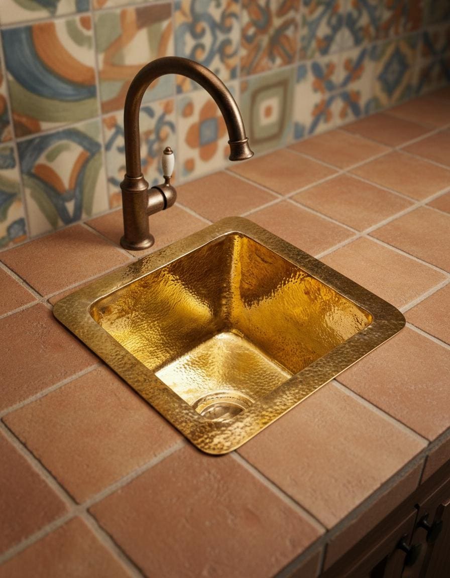 Gold sink with bronze faucet on a tiled countertop with patterned backsplash