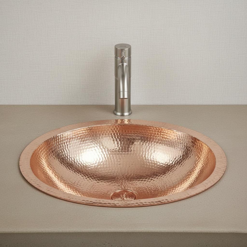 Copper sink with a silver faucet on a neutral background