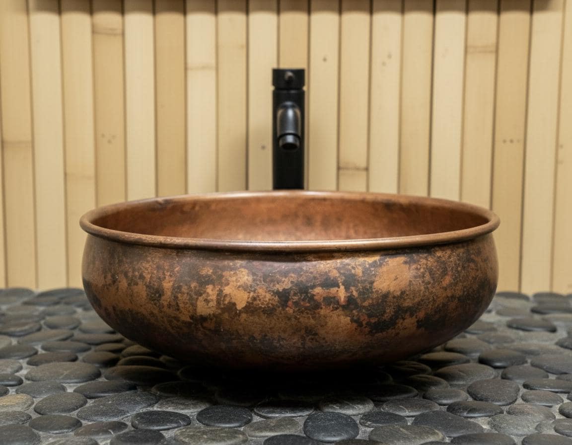 Copper sink on a stone surface with wooden panel background
