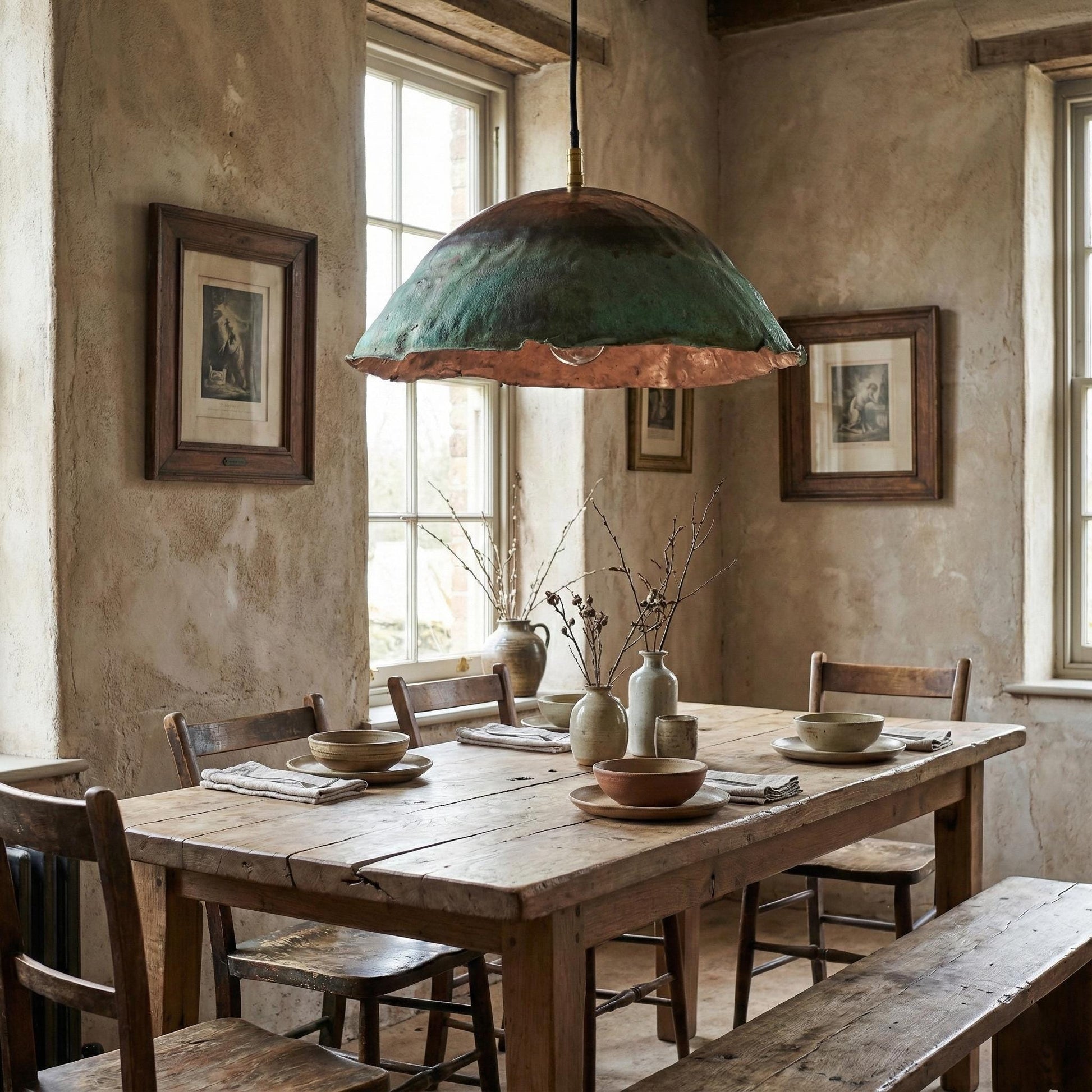 Dining room with rustic wooden table and chairs, large green pendant light, and framed pictures on the wall.