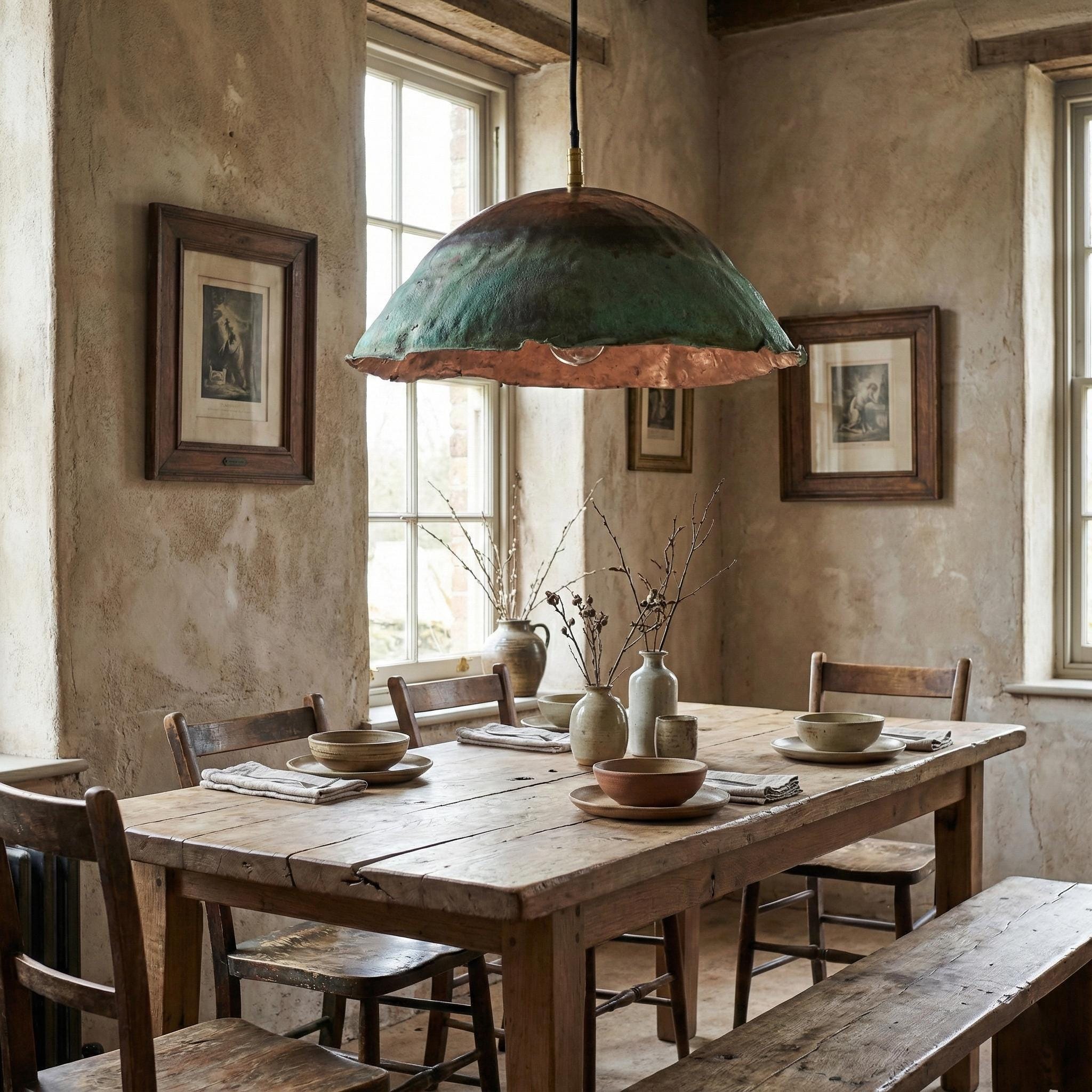 Dining room with rustic wooden table and chairs, large green pendant light, and framed pictures on the wall.