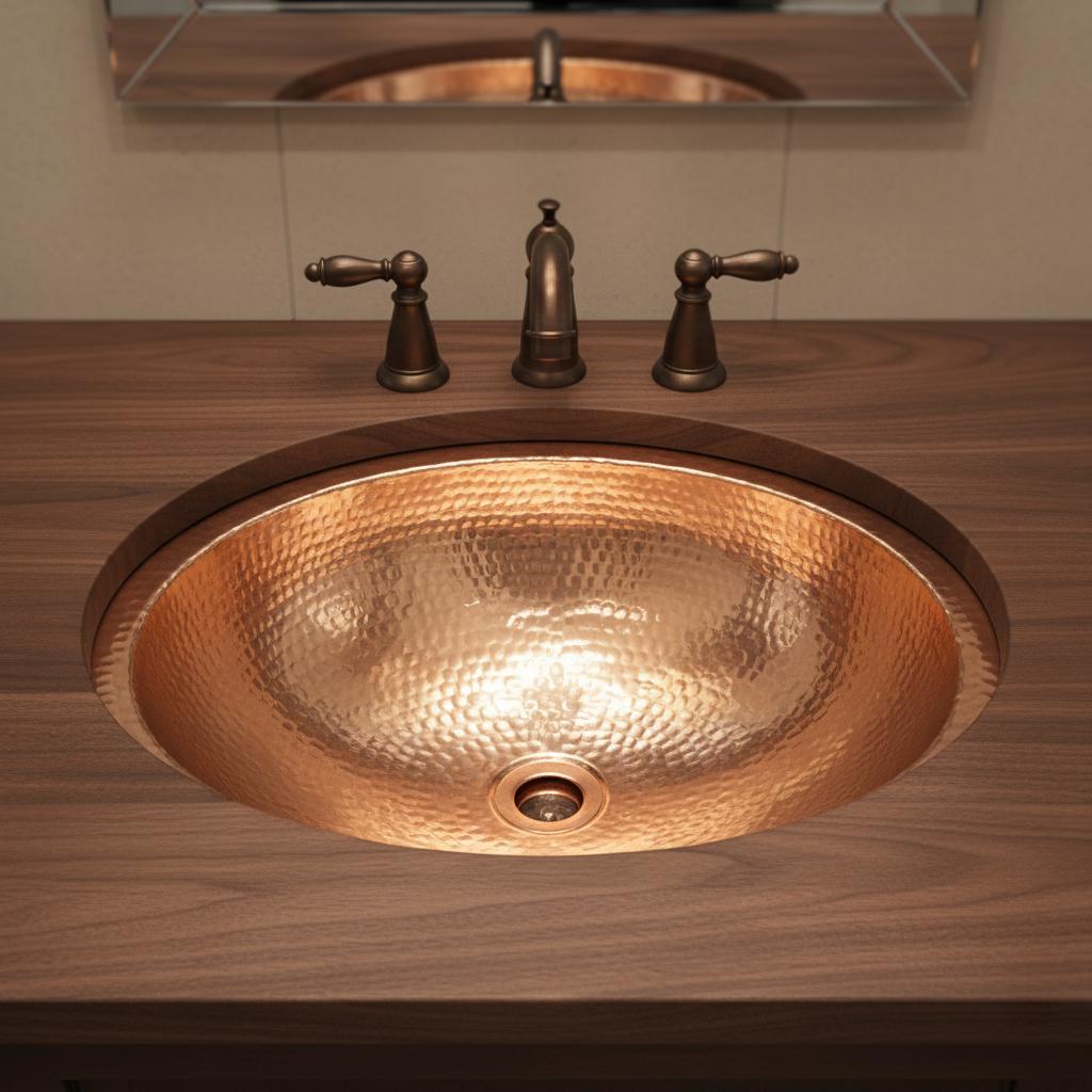 Copper sink with bronze faucet and handles on a wooden vanity