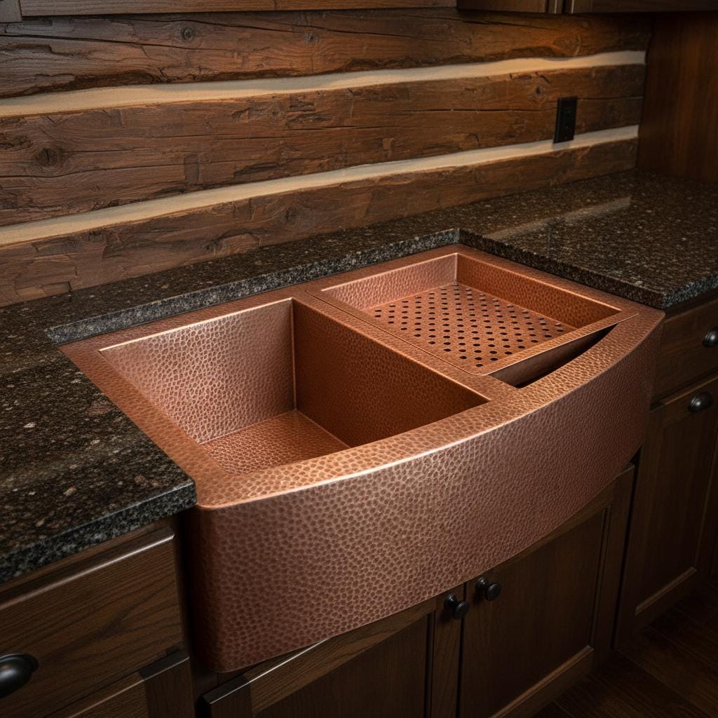 Copper farmhouse sink in a kitchen setting with wooden cabinets and granite countertop.