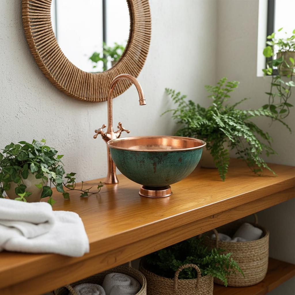 Copper sink with greenish-blue basin on a white surface and light gray background
