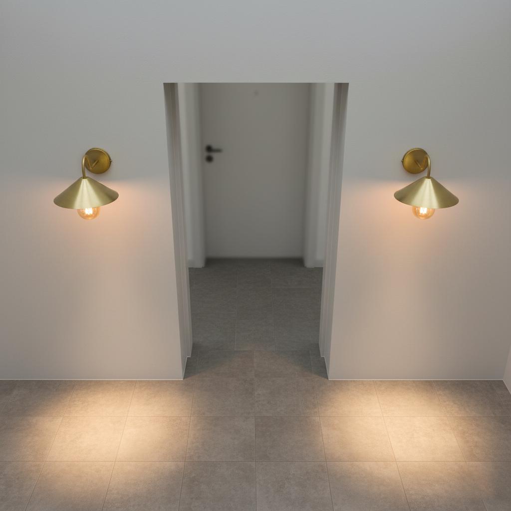 Two gold wall sconces on opposite walls of a room with a door in the center.