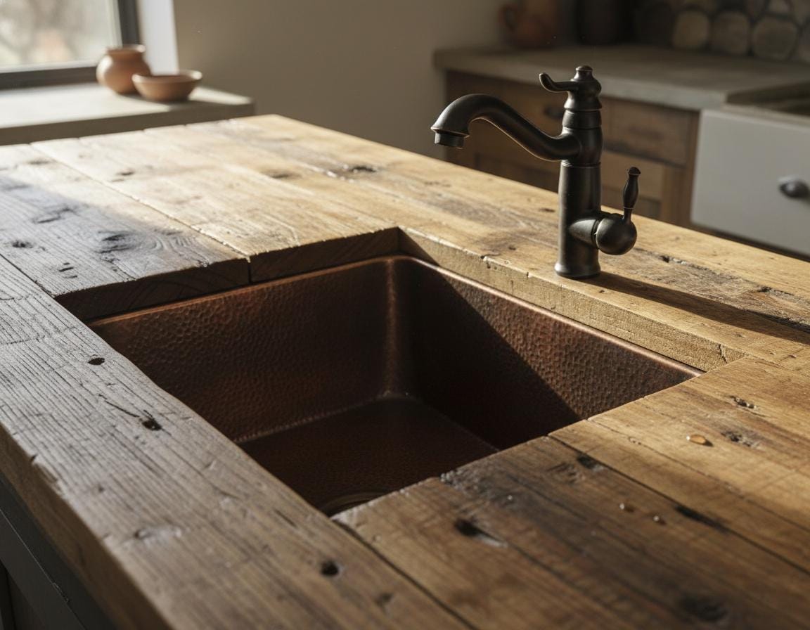 Wooden kitchen counter with a copper sink and faucet