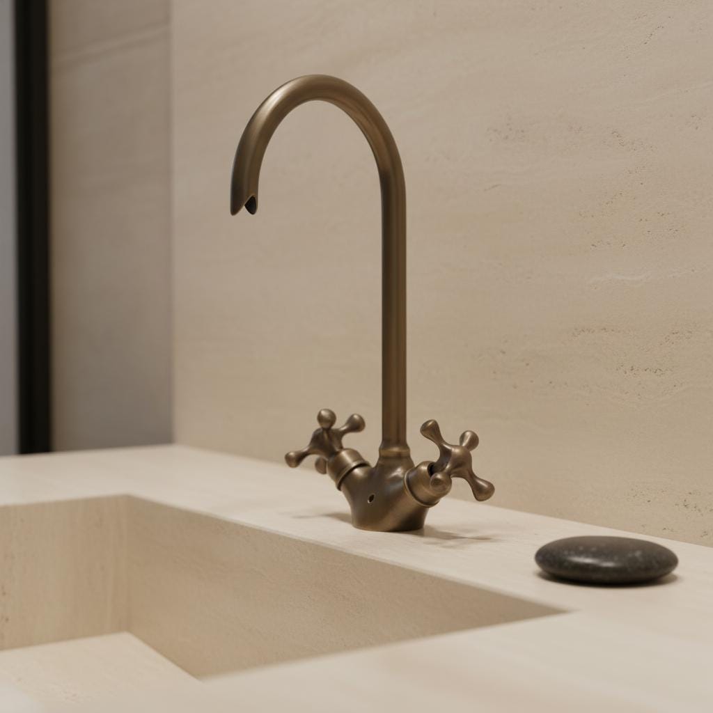 Bronze faucet on a sink with a neutral background