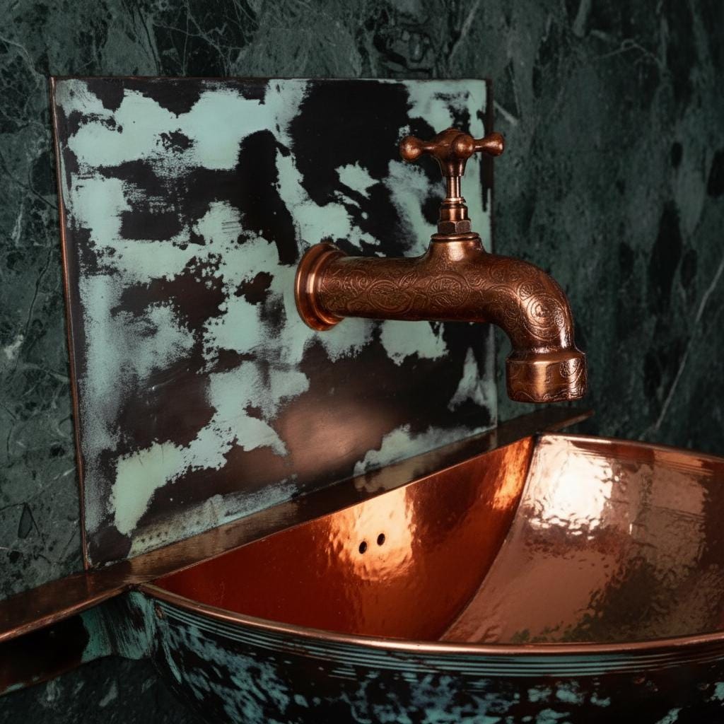 Copper faucet and sink against a textured green wall