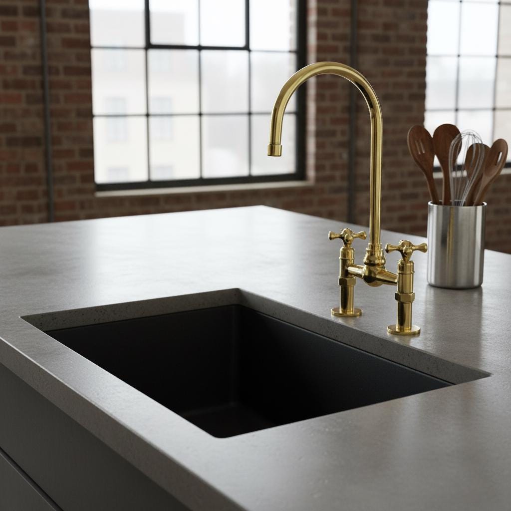 Modern kitchen sink with gold faucet and utensil holder on a concrete countertop.