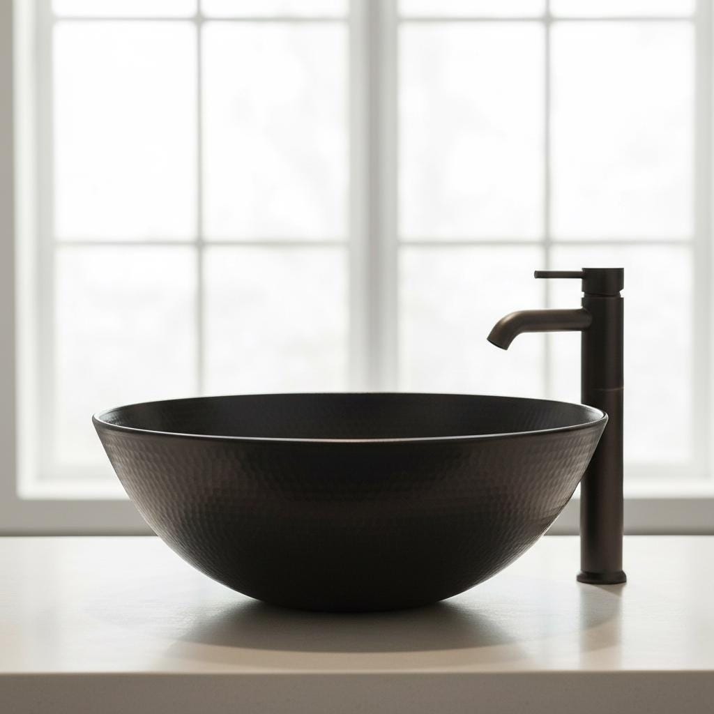 Black ceramic sink with faucet on a white surface with a window in the background