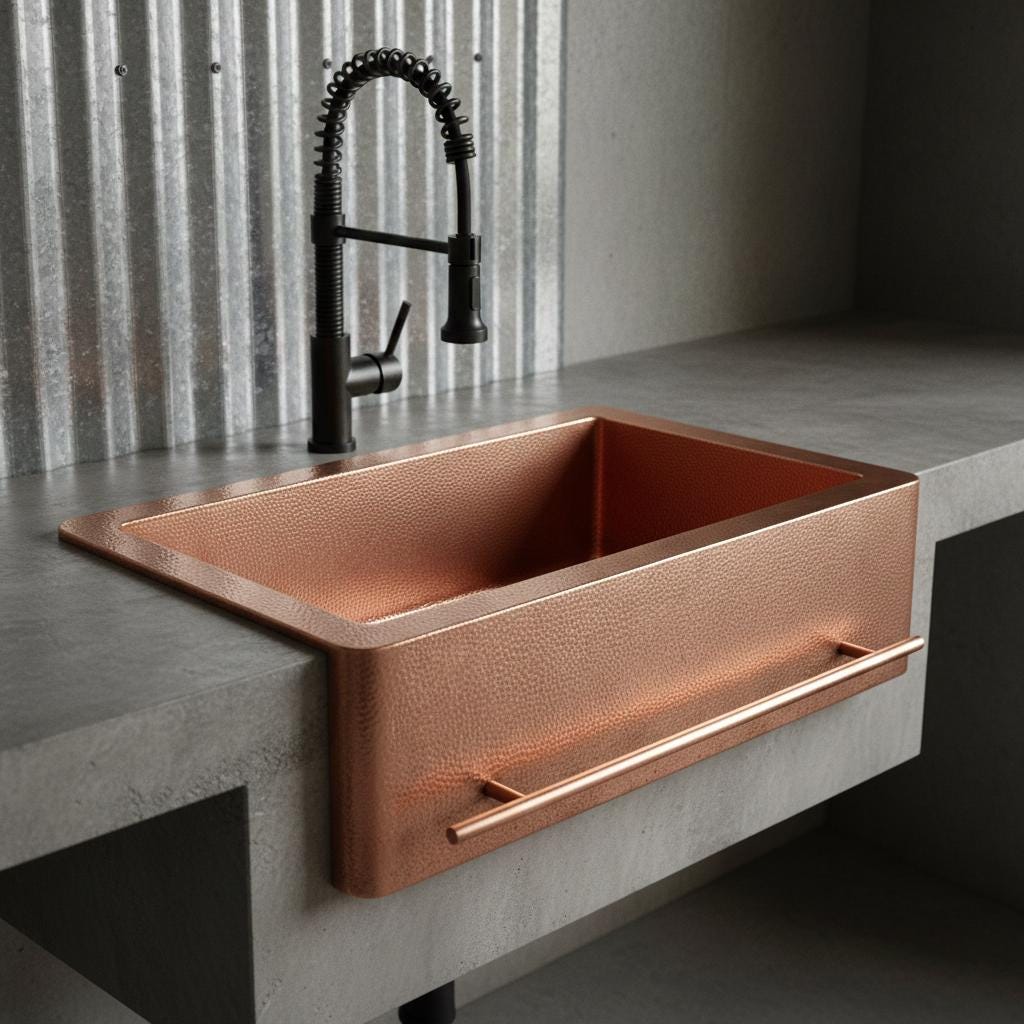 Copper kitchen sink with black faucet on a concrete countertop
