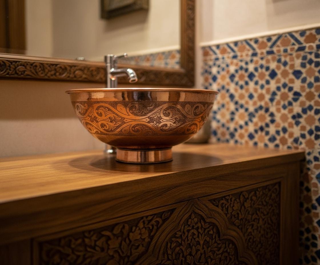Decorative copper sink on a wooden vanity with mosaic tiles in the background