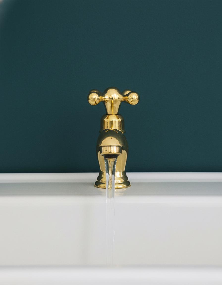Gold faucet on a white surface with a dark green background