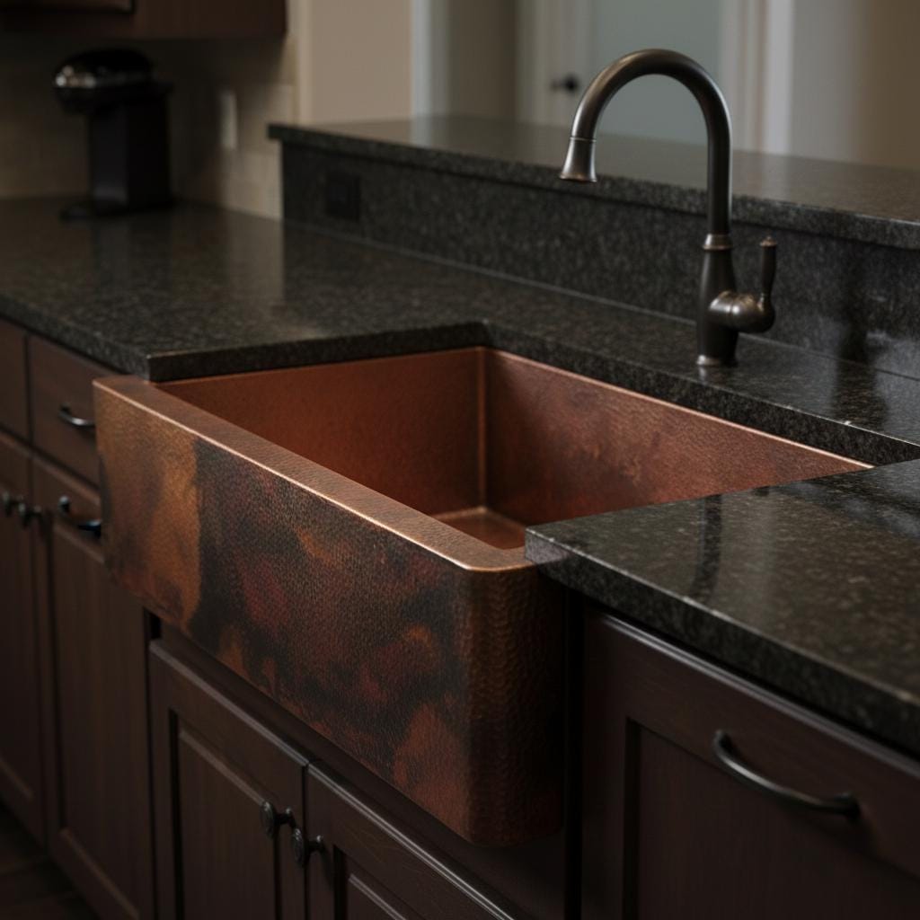 Copper farmhouse sink in a kitchen with dark granite countertop and faucet.