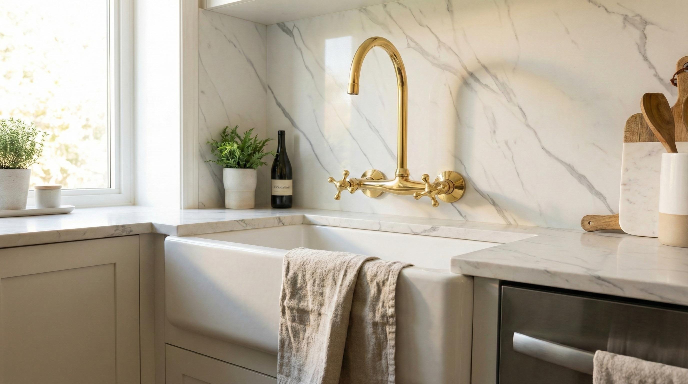 Modern kitchen with marble backsplash, gold faucet, and white sink.