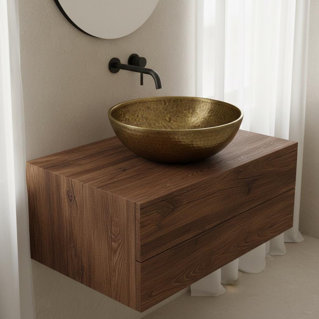 Brass sink on a wooden vanity with a mirror above in a bathroom setting.