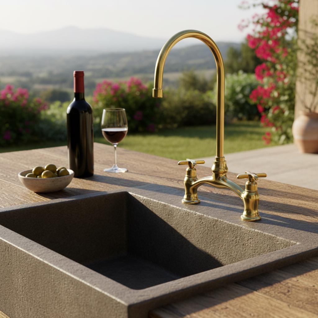 Outdoor kitchen sink with gold faucet, wine bottle, and glass on a wooden surface with a scenic background.