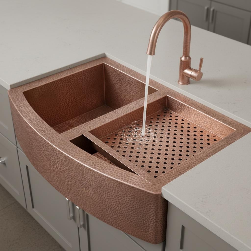 Copper kitchen sink with running water in a modern kitchen setting