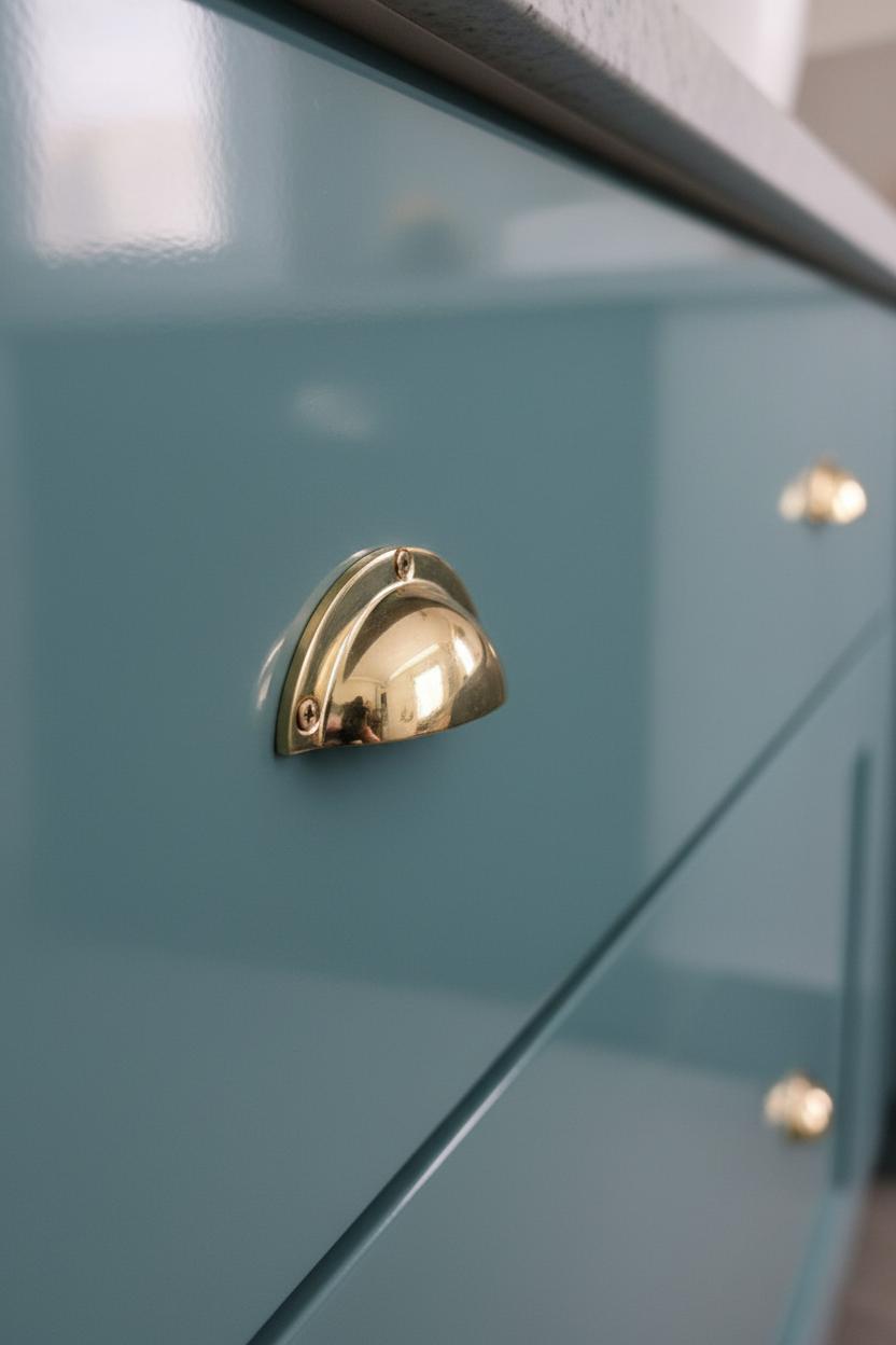 Hand opening a blue cabinet with a gold handle