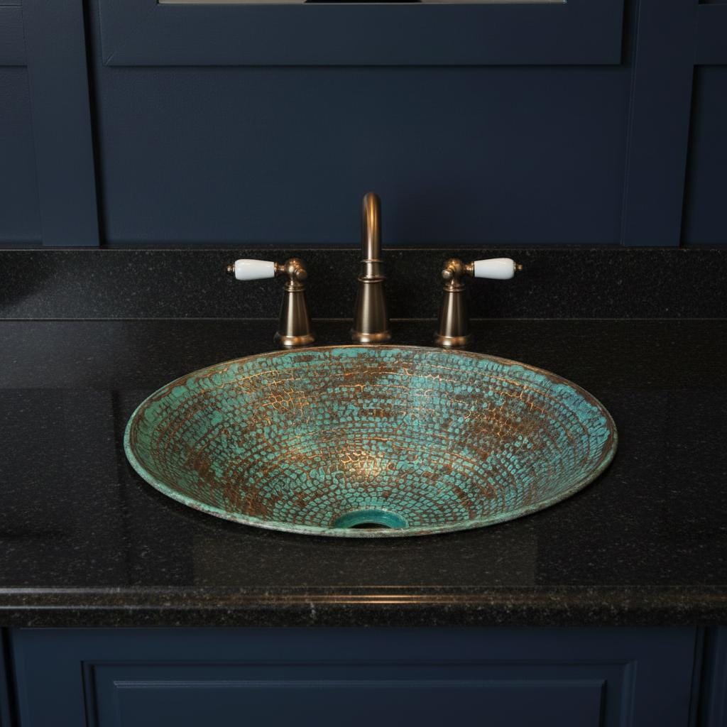 Decorative turquoise sink with bronze faucet on a black countertop against a dark blue cabinet.