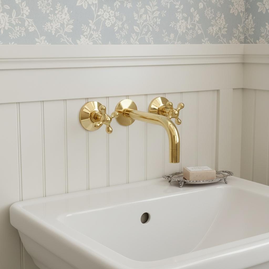 Gold faucet on a white sink with floral wallpaper in the background