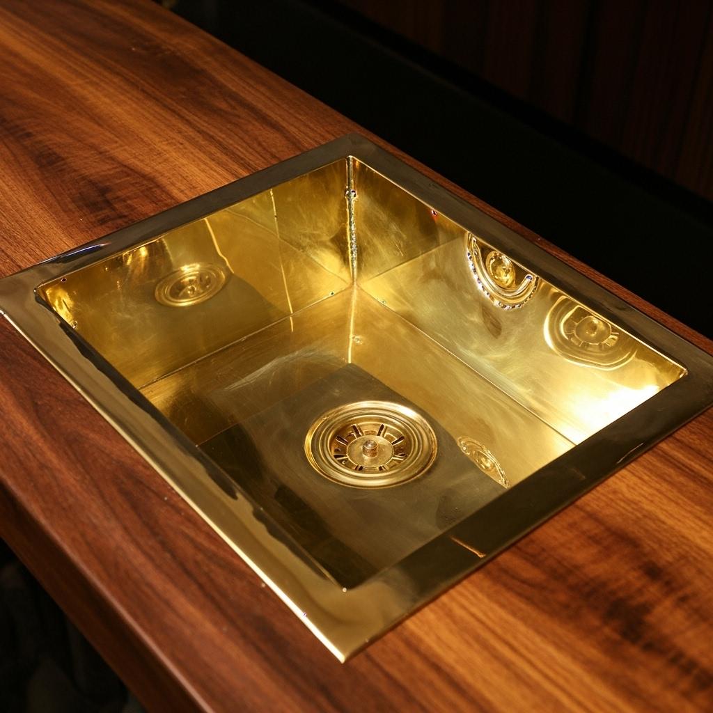 Gold sink on a wooden surface