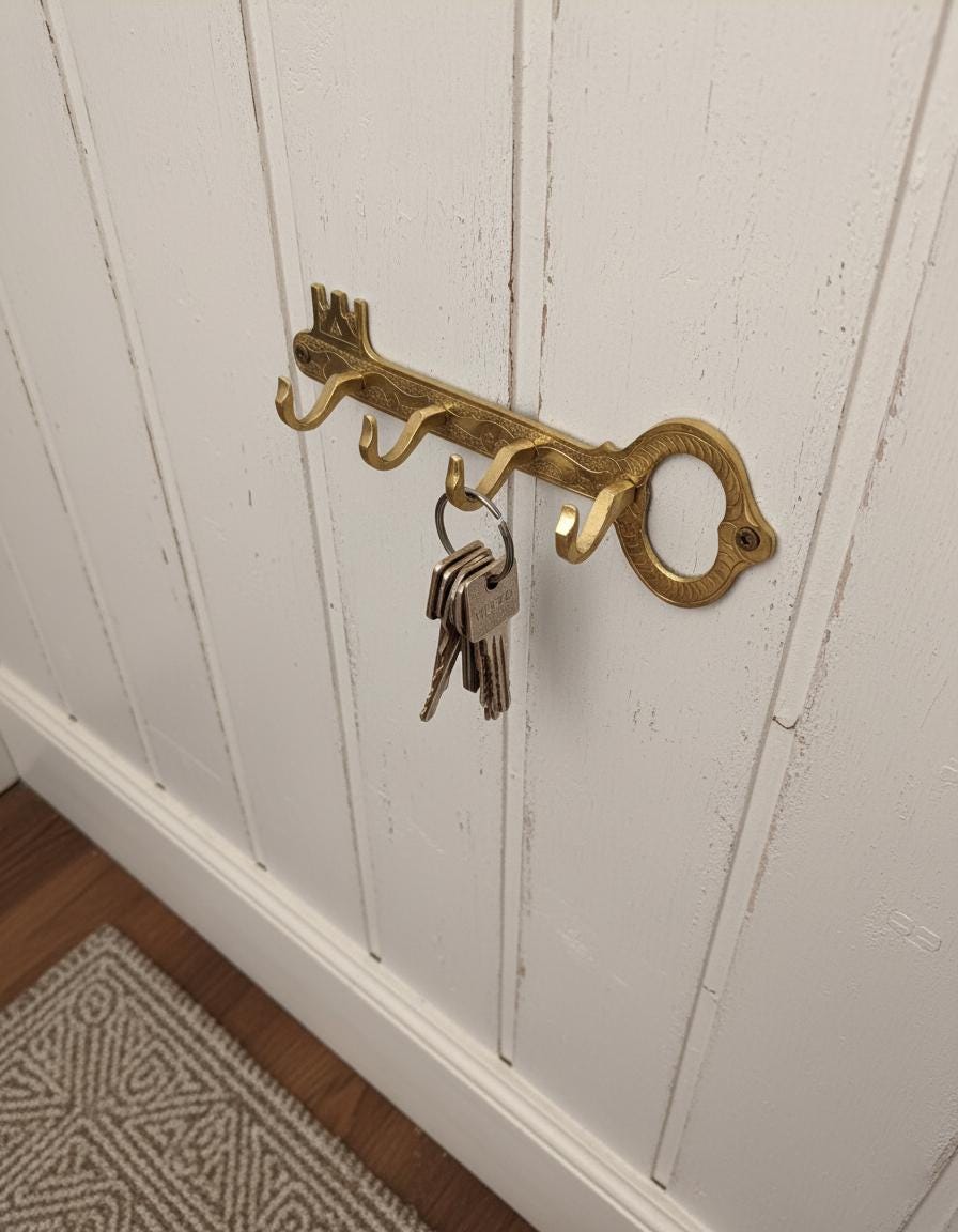 Brass key holder with keys attached on a white wooden wall.