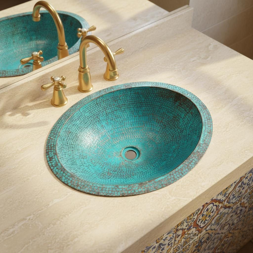 Turquoise mosaic sink design with gold faucet on a beige countertop
