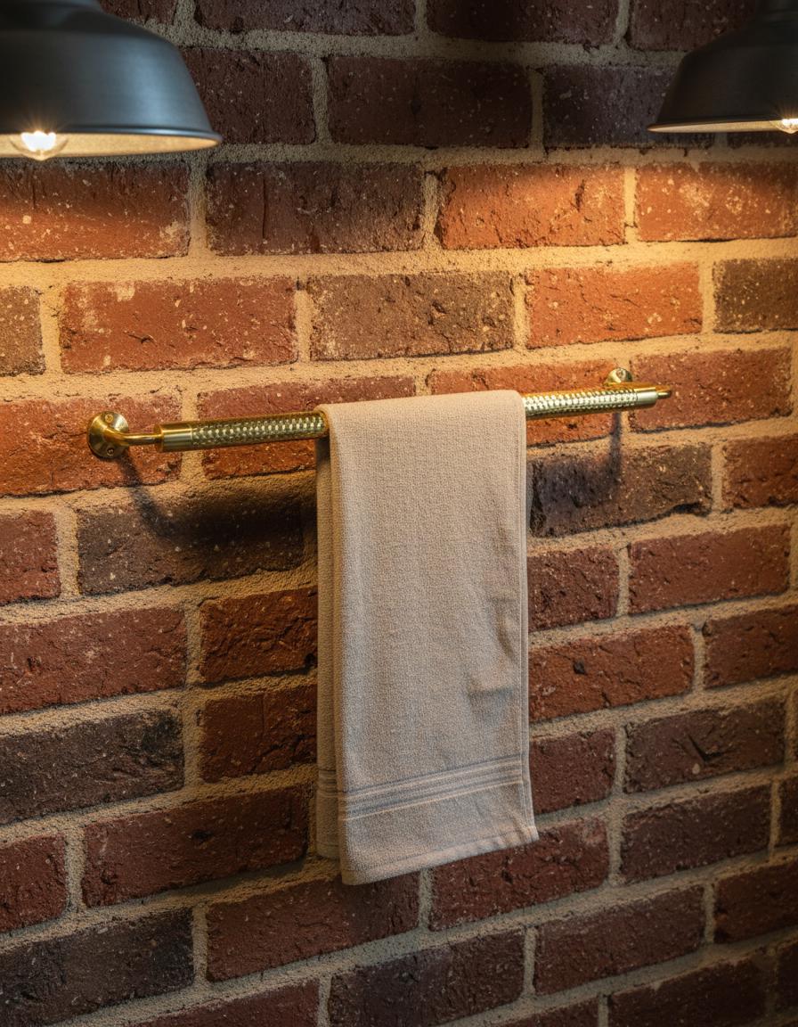 Beige towel hanging on a gold towel rack against a brick wall with two lights above.