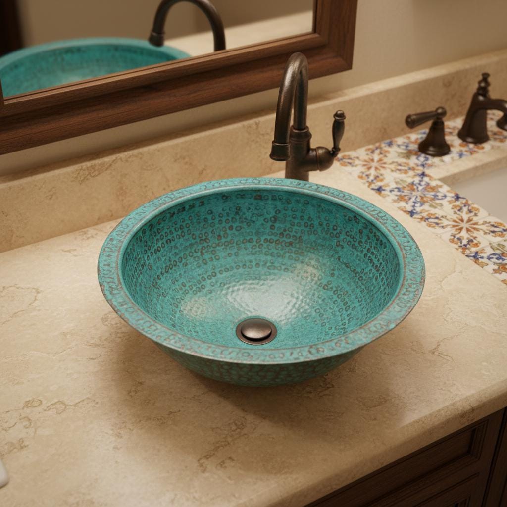 Turquoise mosaic sink on a bathroom counter with a mirror above